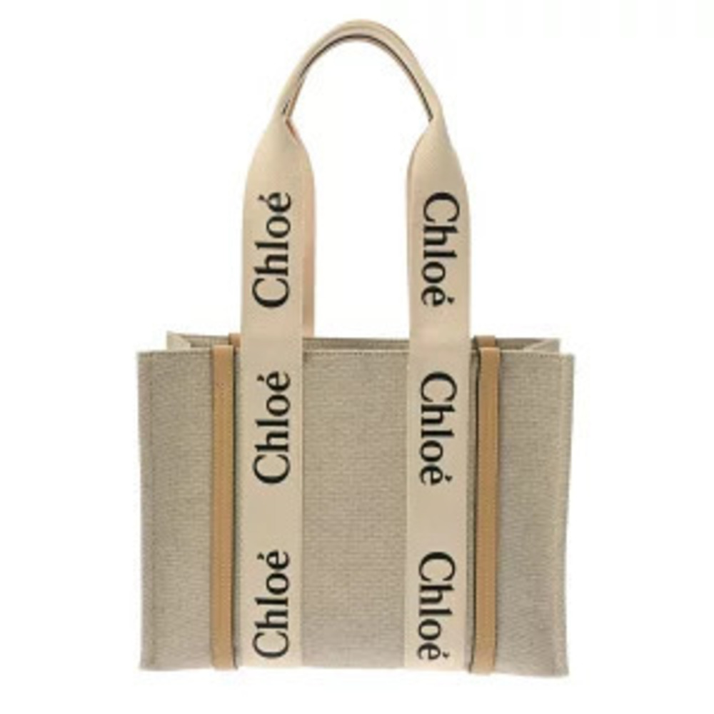 Chloe WOODY White Beige Cream Canvas Calfskin Tote Bag